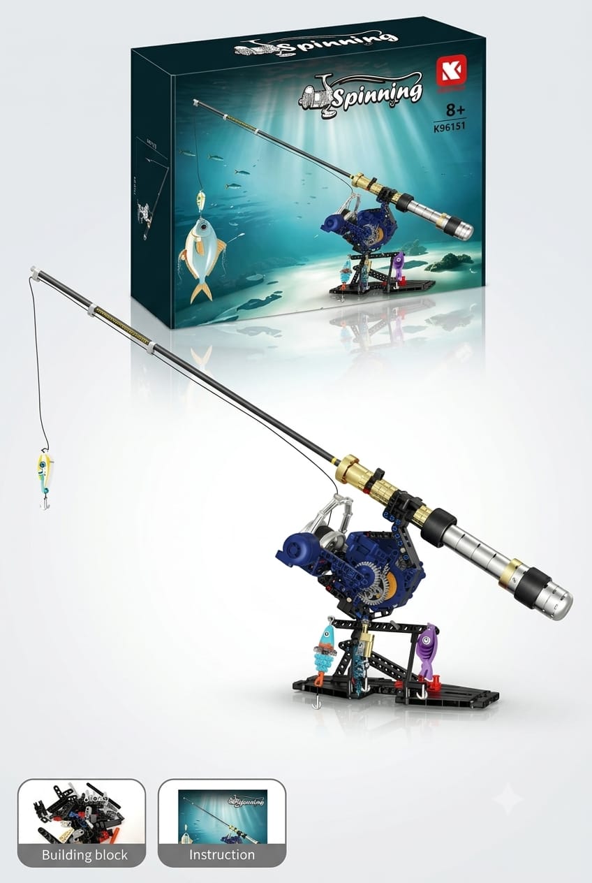 Spinning reel fishing rod puzzle building set displayed alongside its packaging box, parts bag, and instruction manual.
