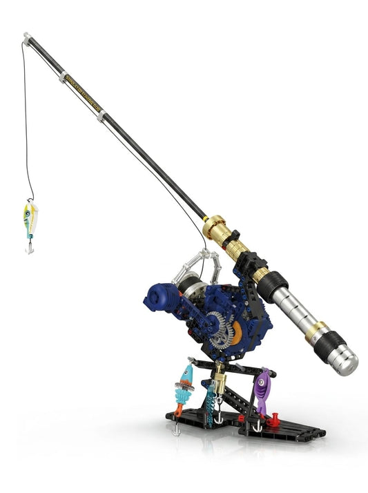 Fully assembled DIY mechanical spinning reel fishing rod building block set with hanging lures on a black display stand.