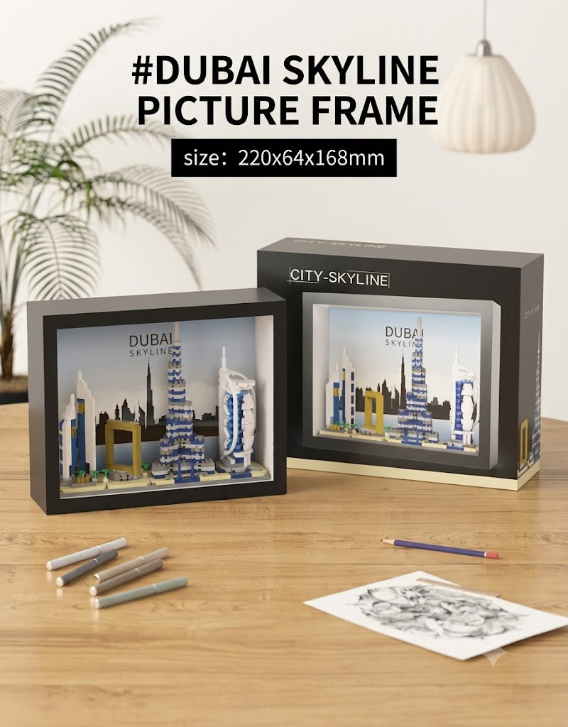 Dubai skyline micro brick picture frame displayed on a wooden desk with product dimensions 220x64x168mm.
