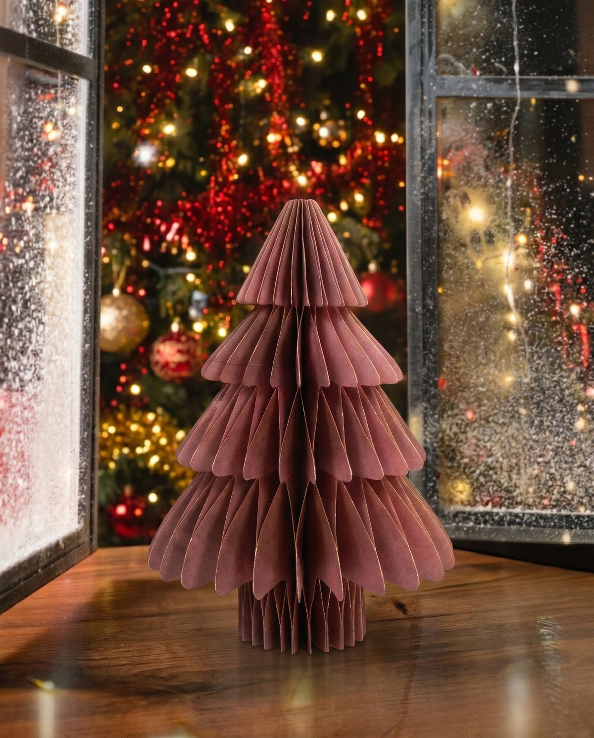 Elegant dusty rose pink honeycomb paper Christmas tree tabletop ornament with delicate gold borders, festive holiday collection Lebanon.