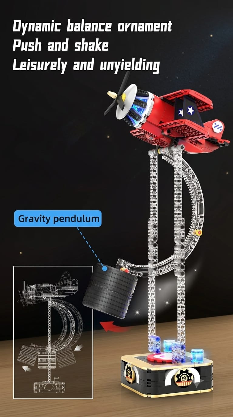 Infographic showing the dynamic balance push-and-shake motion and tire counterweight mechanism of the swinging airplane model.