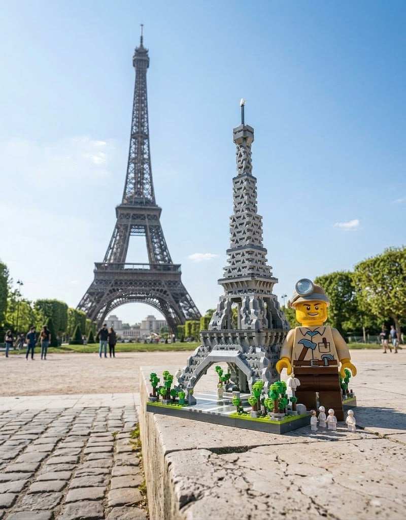 Architectural Eiffel Tower building block set with builder figurine displayed in front of the real Paris Eiffel Tower.