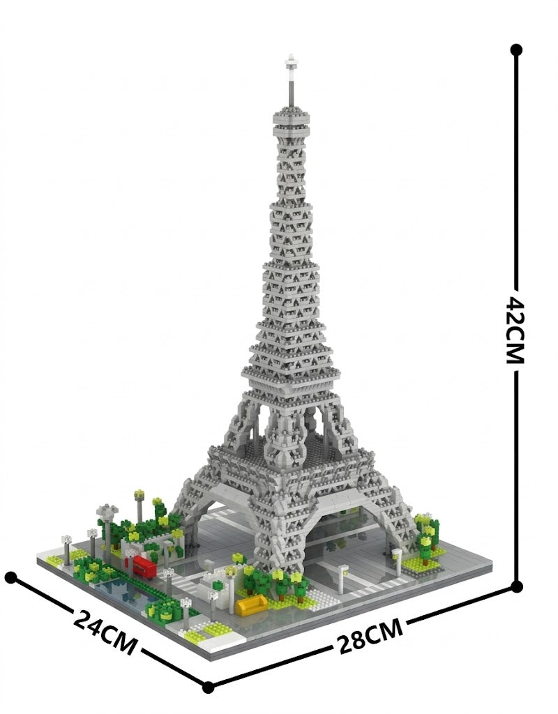 Dimension diagram for Eiffel Tower building block model showing 42cm height, 28cm width, and 24cm depth.