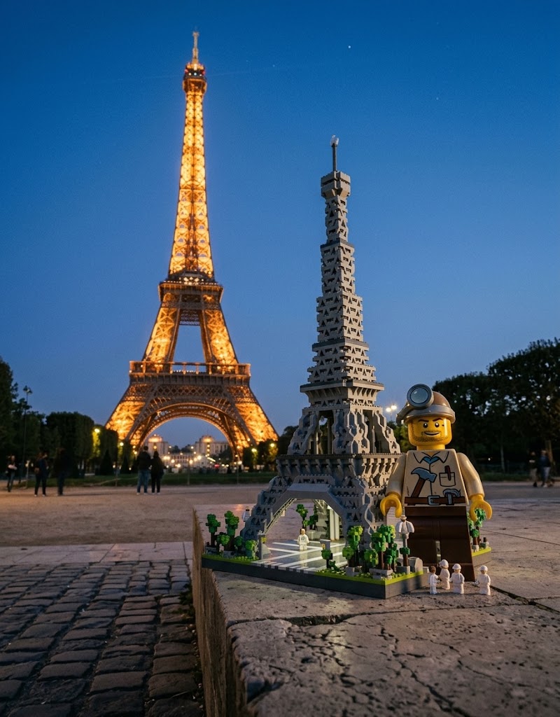 Completed Eiffel Tower brick architecture kit and mini-figure featured in front of the illuminated Eiffel Tower at night.