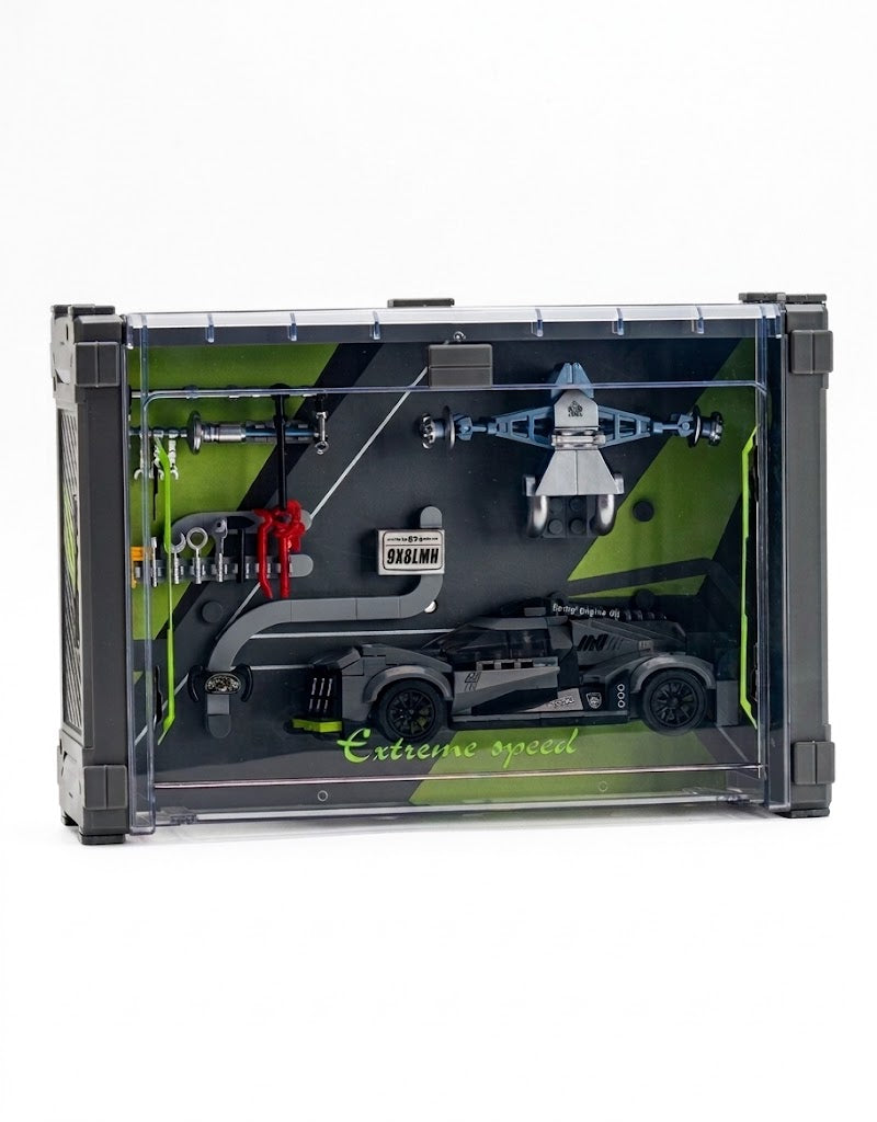 EIKEE endurance hypercar building brick model set mounted in a clear dustproof display case with garage tools