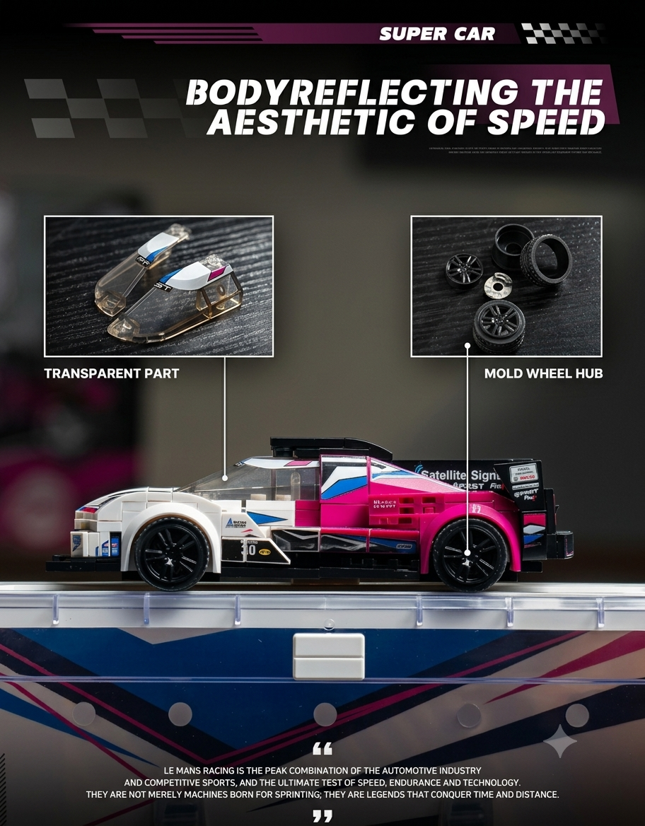 Side profile view of pink and white endurance race car brick model highlighting transparent cockpit canopy and molded black wheel hubs