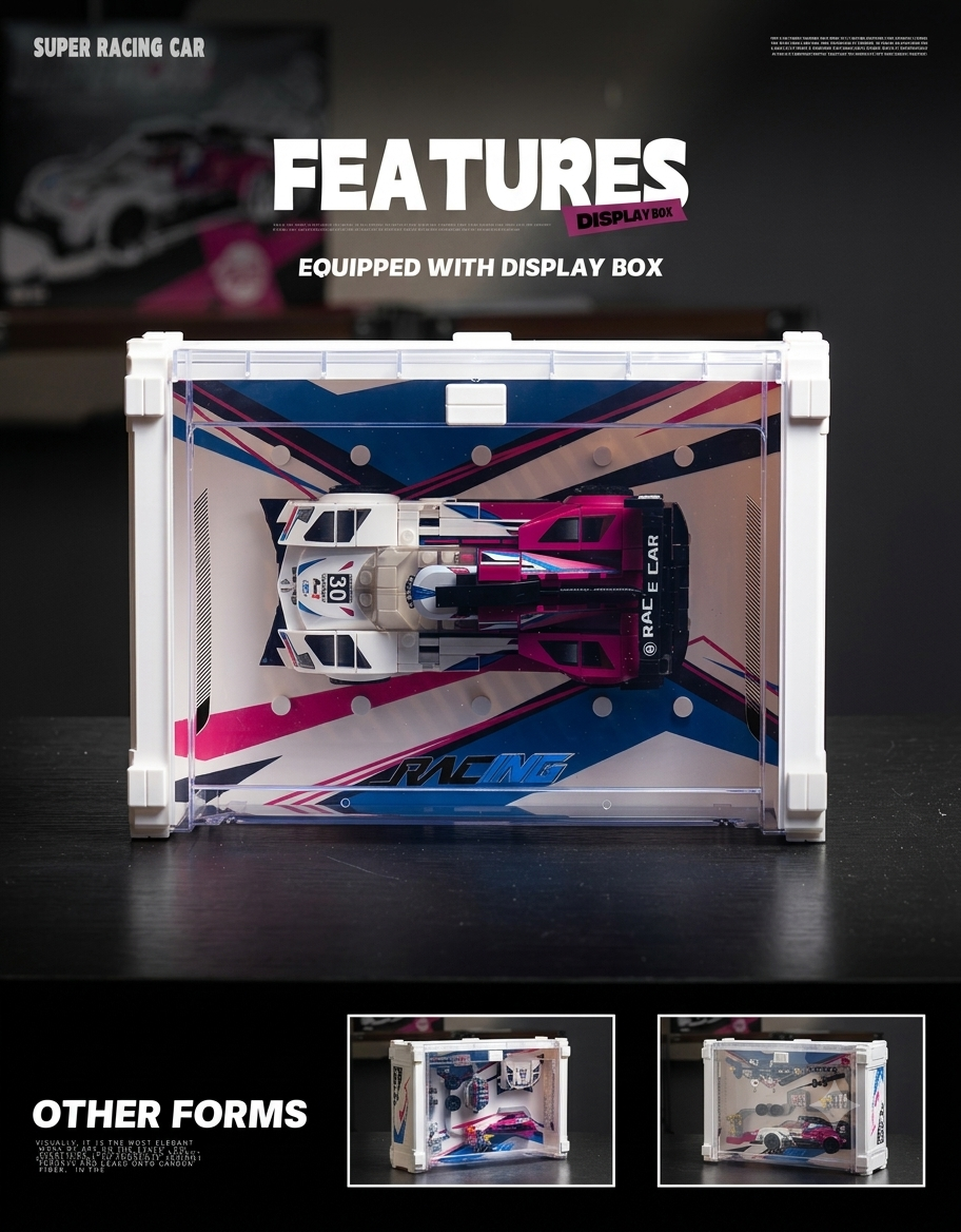 Top-down angle of Eikee supercar building block set mounted inside clear showcase with decorative racing graphic backdrop