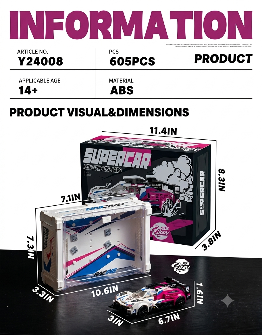 Product packaging and dimensions for Eikee Y24008 605-piece ABS building block set showing 10.6-inch case and 6.7-inch car size