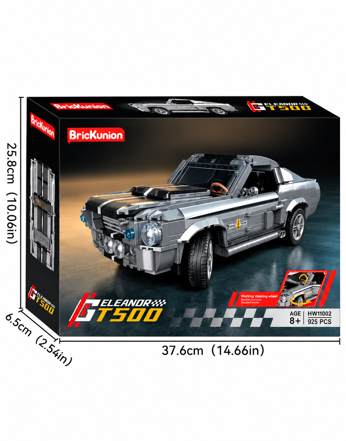 Packaging dimensions for Eleanor GT500 building block kit measuring 37.6 cm length by 25.8 cm height, ready for delivery across Lebanon.