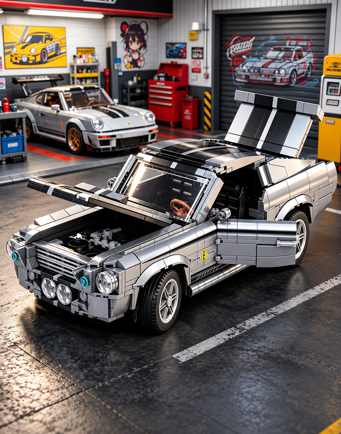 Collector Eleanor GT500 brick muscle car with opening side doors, hood, and trunk parked inside an automotive performance garage.