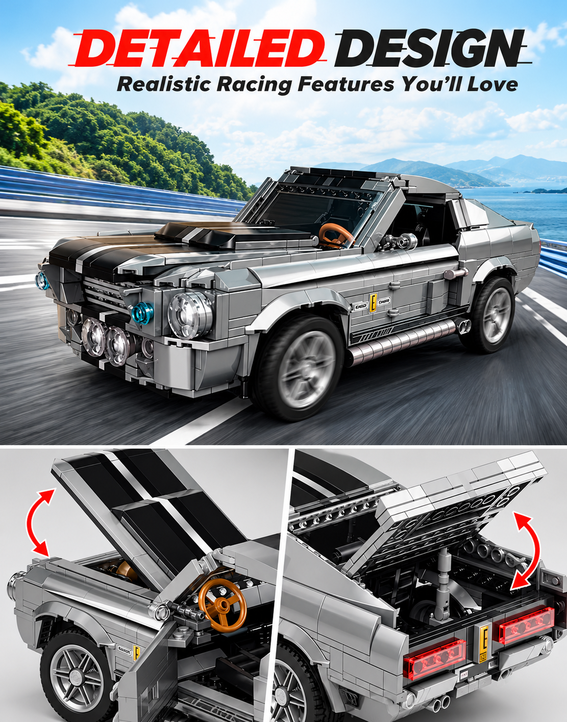 Realistic Eleanor GT500 brick replica showing dynamic sports car stance with open front engine bay and opening rear trunk.