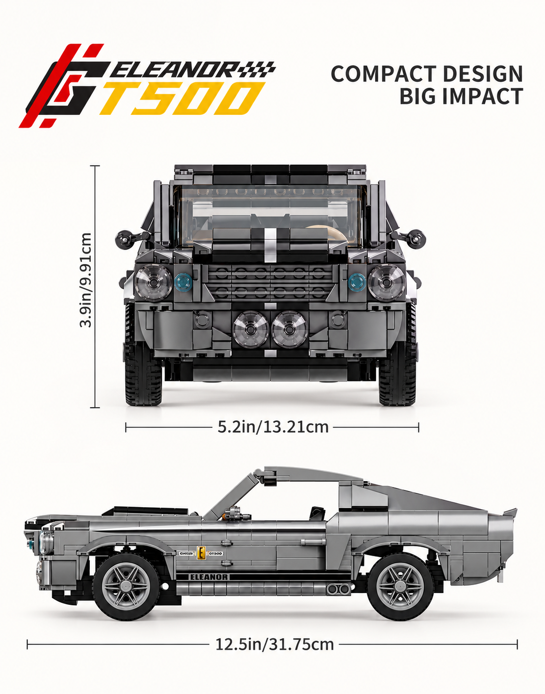 Scale size specifications of the assembled Eleanor GT500 model car measuring 31.75 cm (12.5 in) long and 13.21 cm (5.2 in) wide.