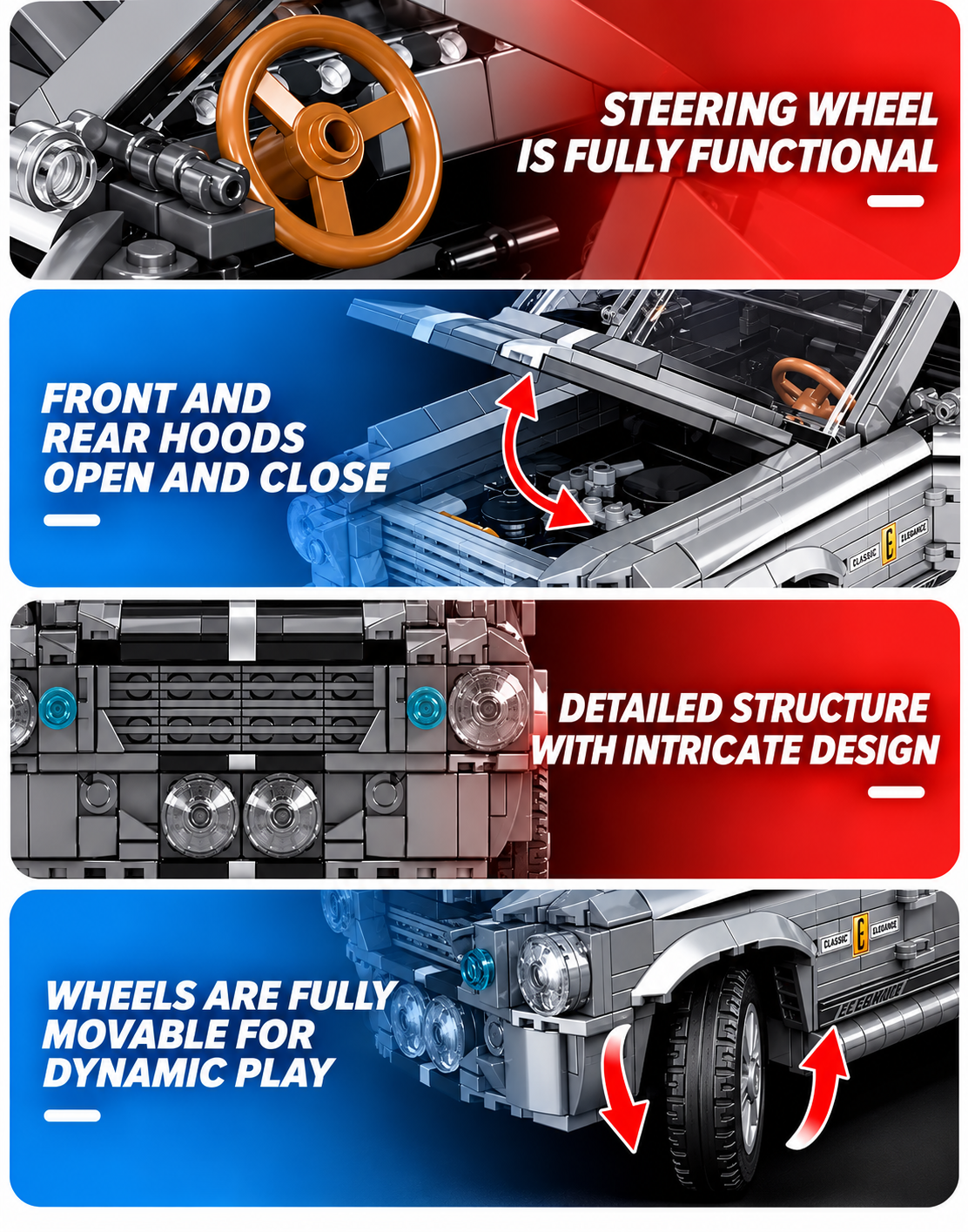 Interactive features of the Eleanor GT500 brick car kit including functional steering wheel, opening front hood, rear trunk, and rolling wheels.
