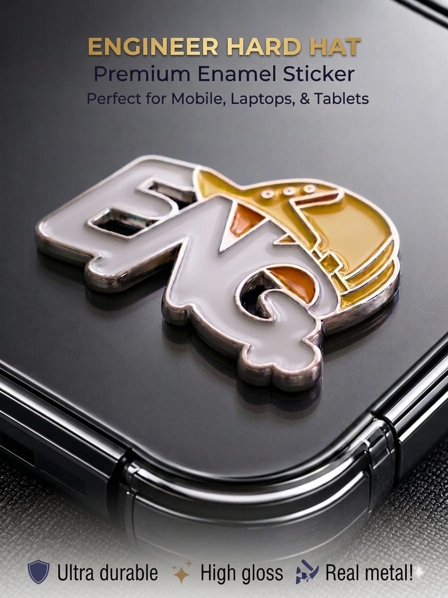 3D metallic enamel sticker featuring ENG lettering with a yellow engineer hard hat on a smartphone back