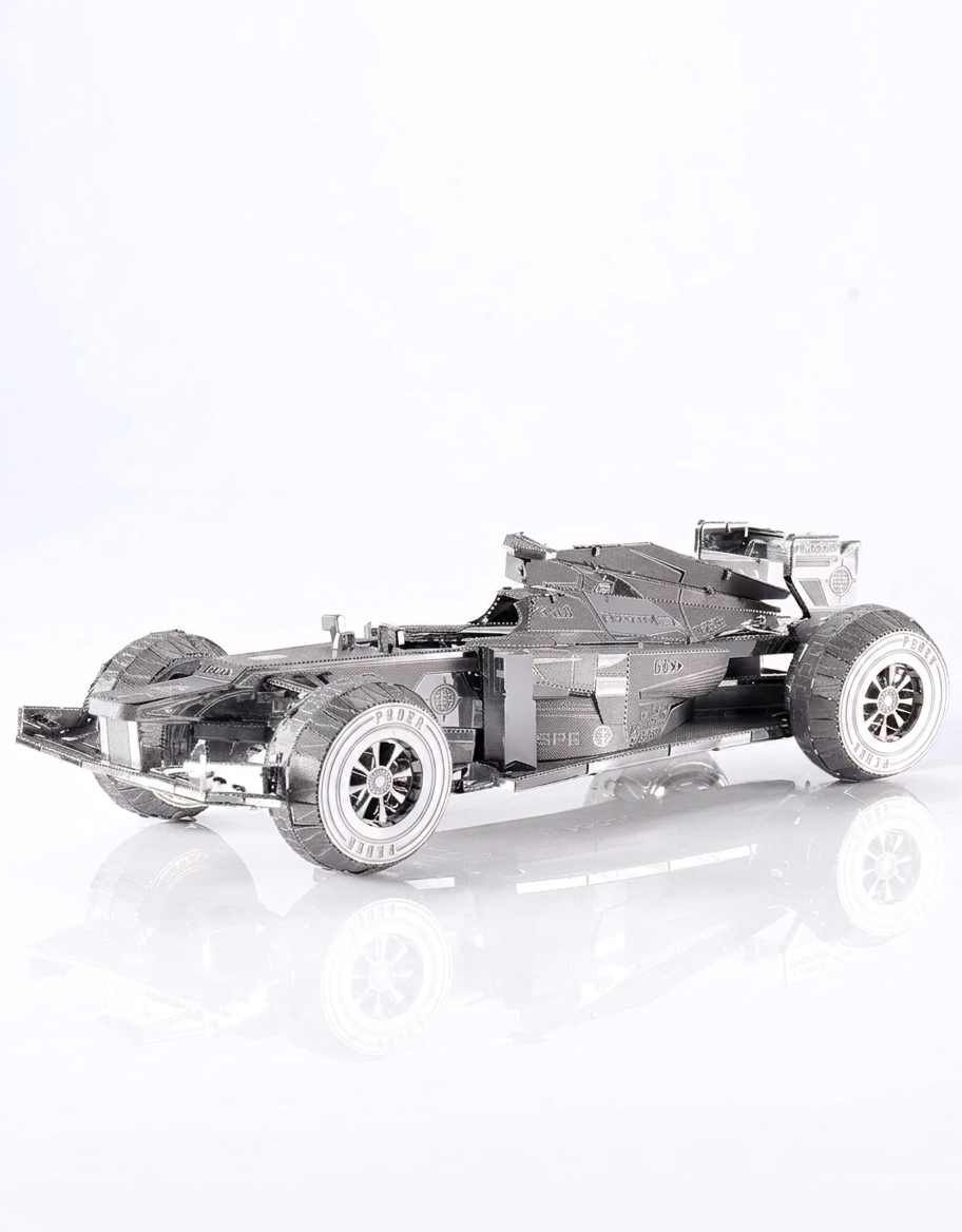 Side profile view of the completed DIY Piececool F1 formula race car 3D metal puzzle.