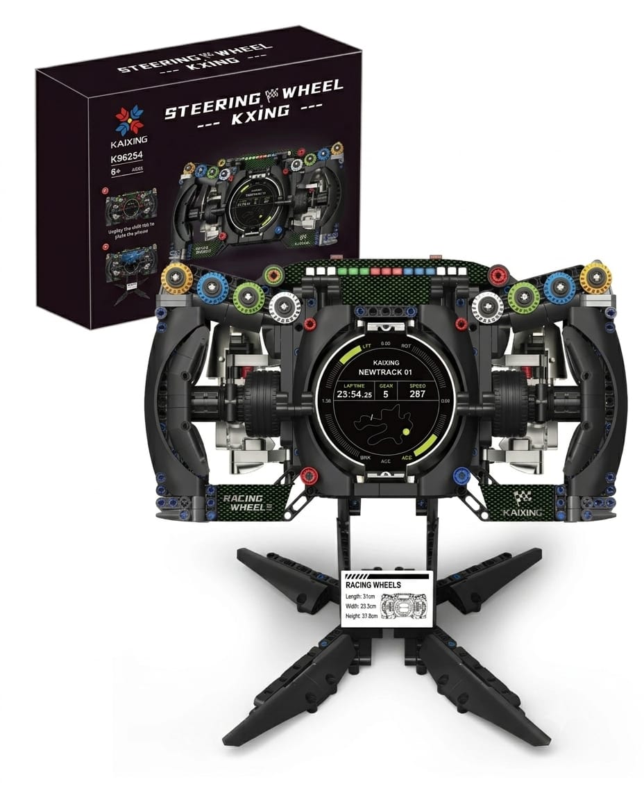 F1 racing car steering wheel building block set with functional phone holder and display stand.
