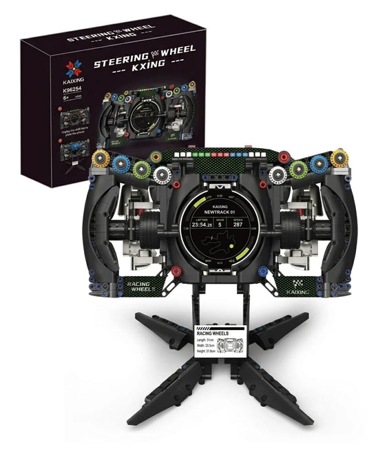 F1 racing car steering wheel building block set with functional phone holder and display stand.