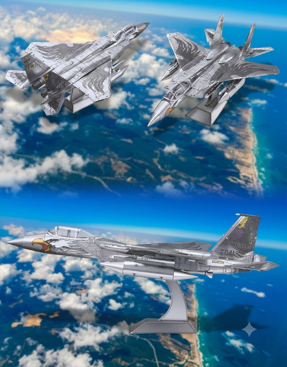 Multi-angle showcase of the F-15 fighter jet 3D metal model kit displayed over an aerial sky backdrop.