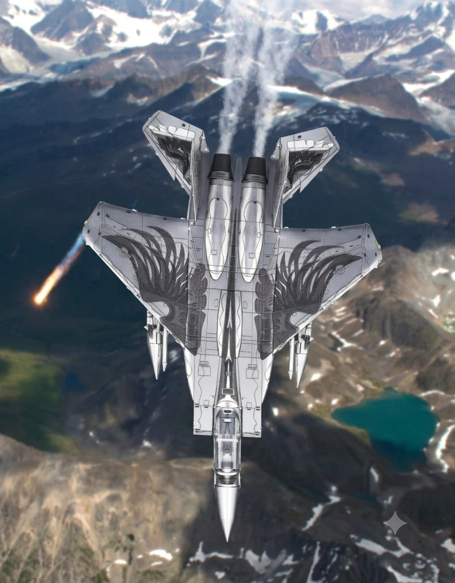 Aerial top-down view of assembled F-15 3D metal puzzle jet in a diving motion over mountains.