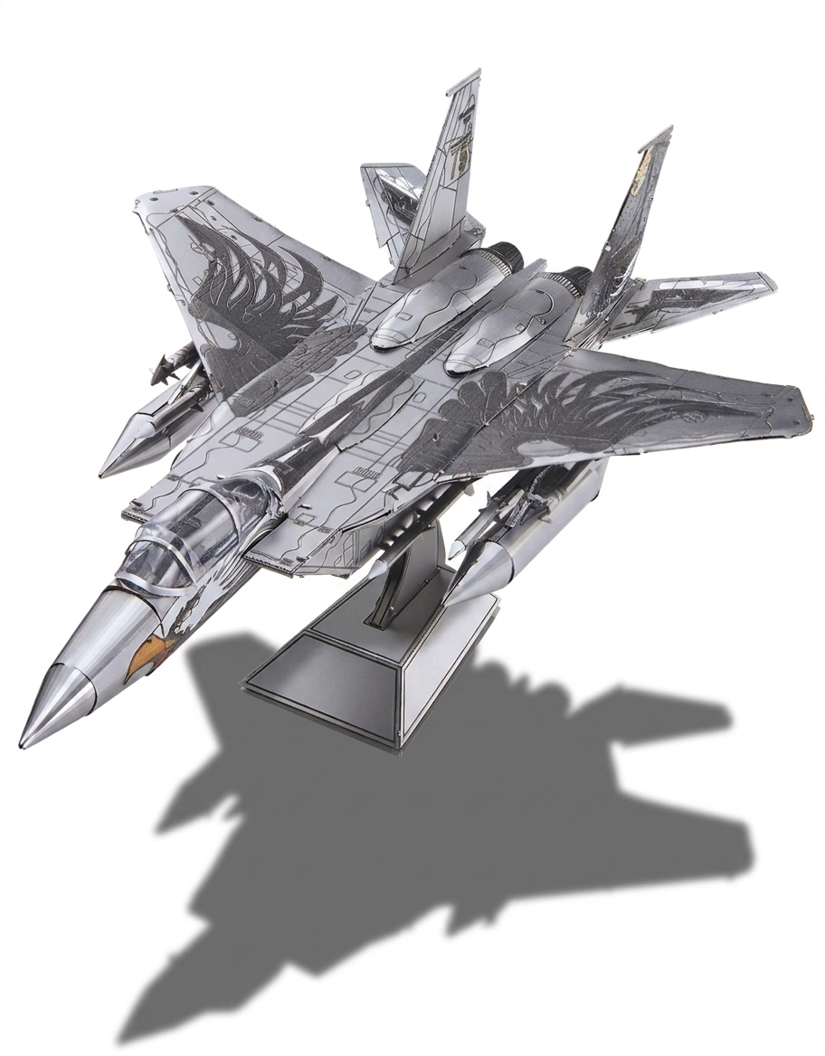 Assembled F-15 Eagle fighter jet 3D metal puzzle model mounted on display stand, front three-quarter view.