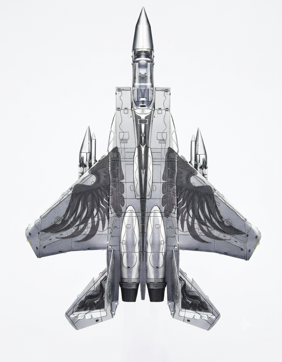 Overhead top-down view of F-15 metal puzzle model highlighting detailed eagle feather wing engravings.