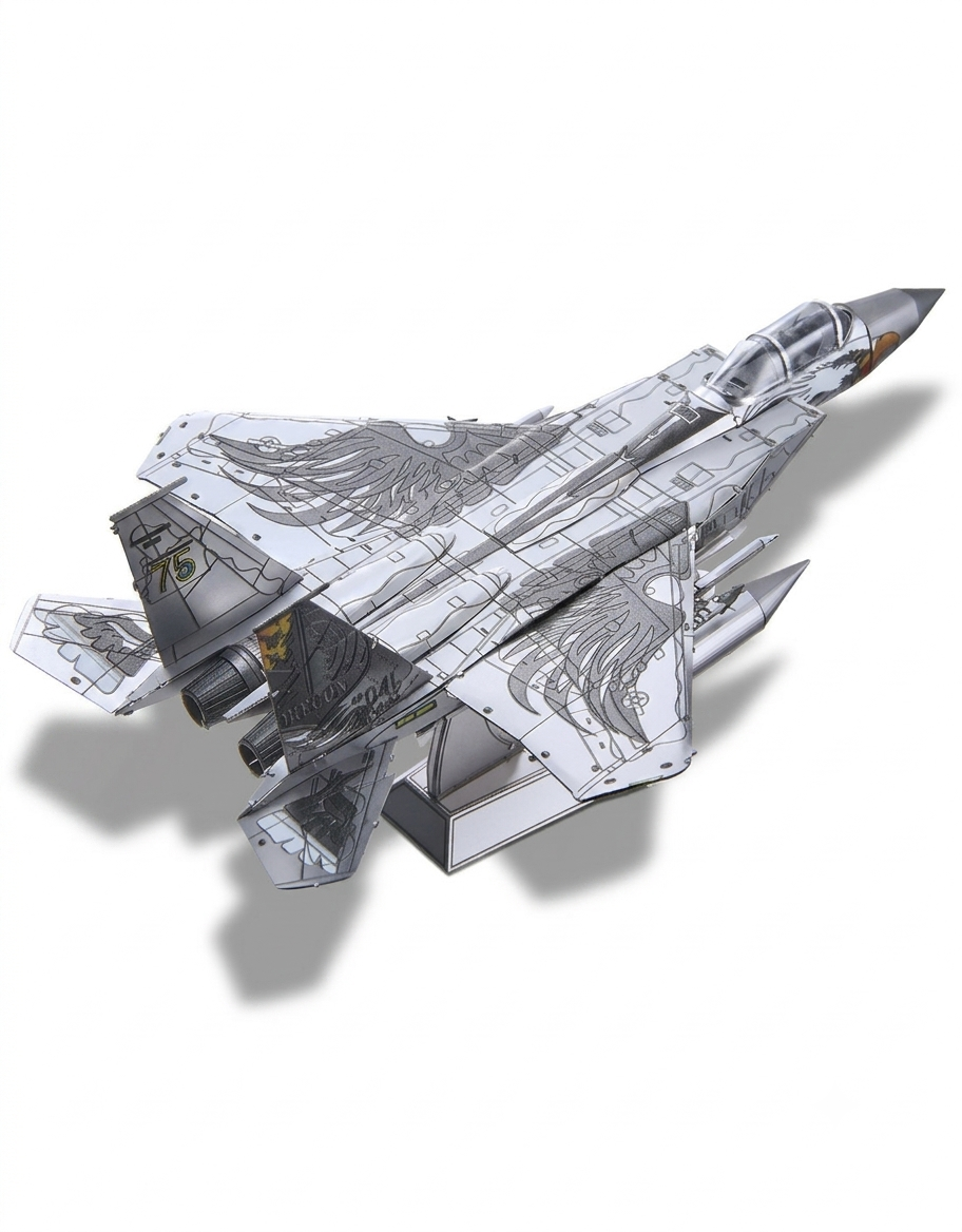 Rear perspective of F-15 fighter jet DIY metal puzzle showcasing dual exhaust engines and wing eagle artwork.