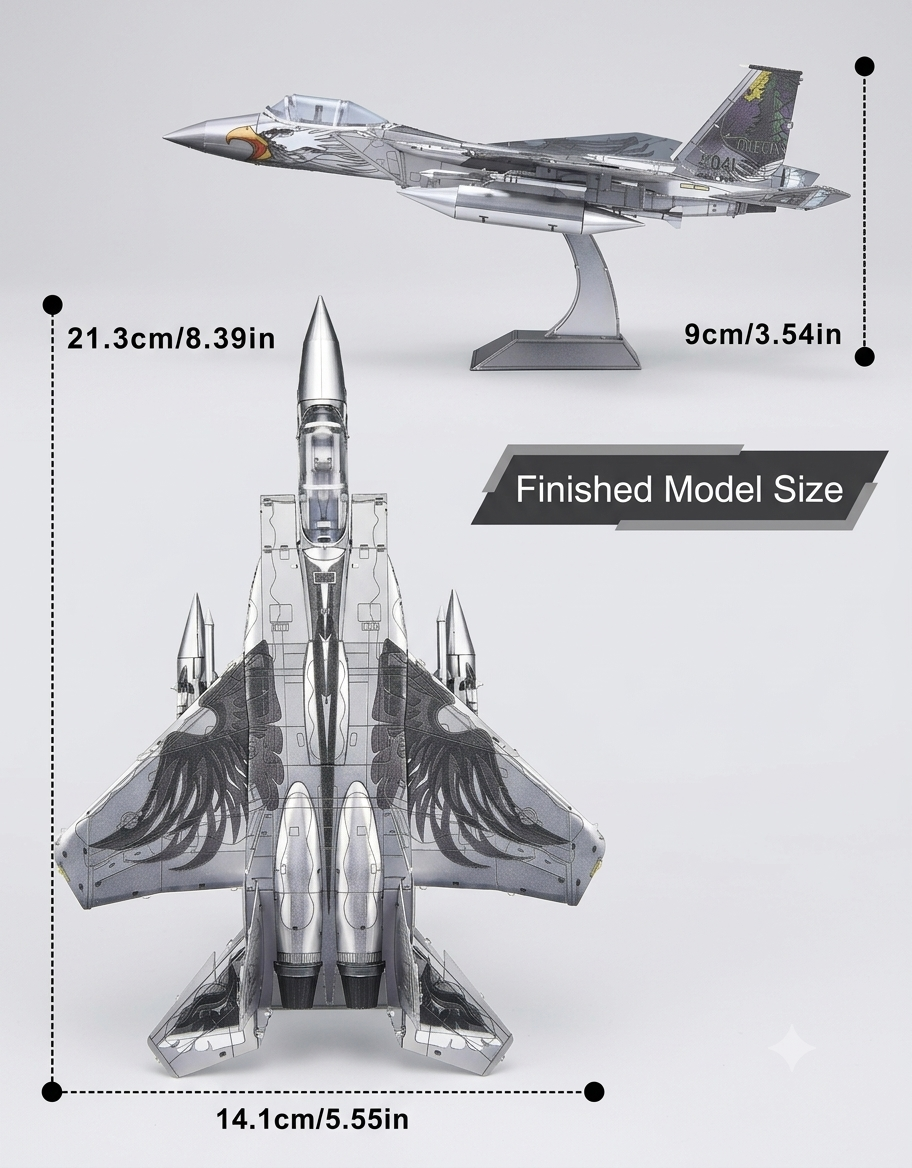 Finished size dimensions diagram for F-15 3D metal puzzle measuring 21.3cm length, 14.1cm width, and 9cm height.