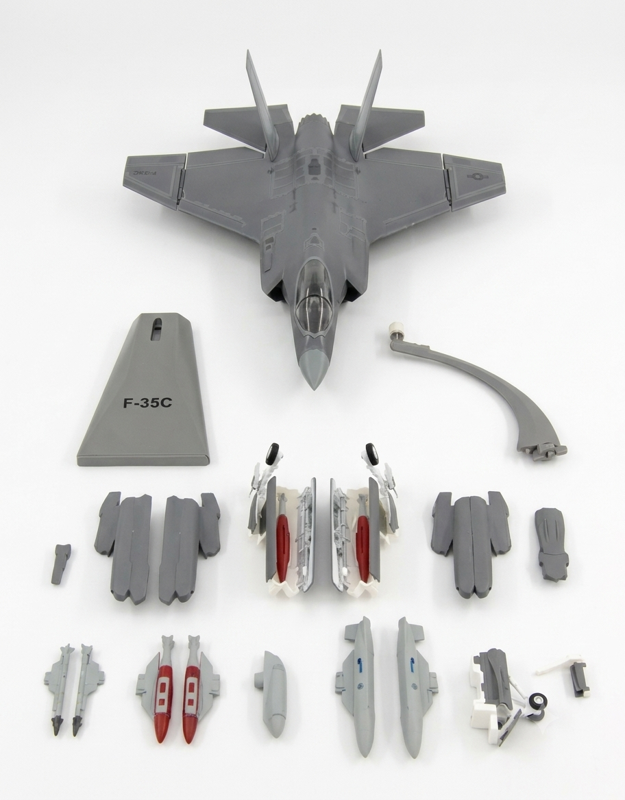 1/72 F-35C Lightning II diecast fighter jet with included ordnance, landing gear, weapon bays, and display stand