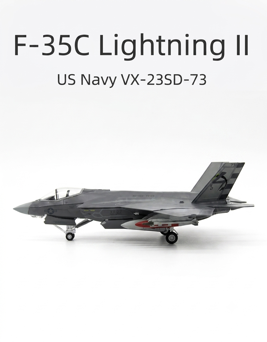 Left side profile view of 1/72 scale F-35C Lightning II US Navy VX-23 SD-73 carrier variant diecast model