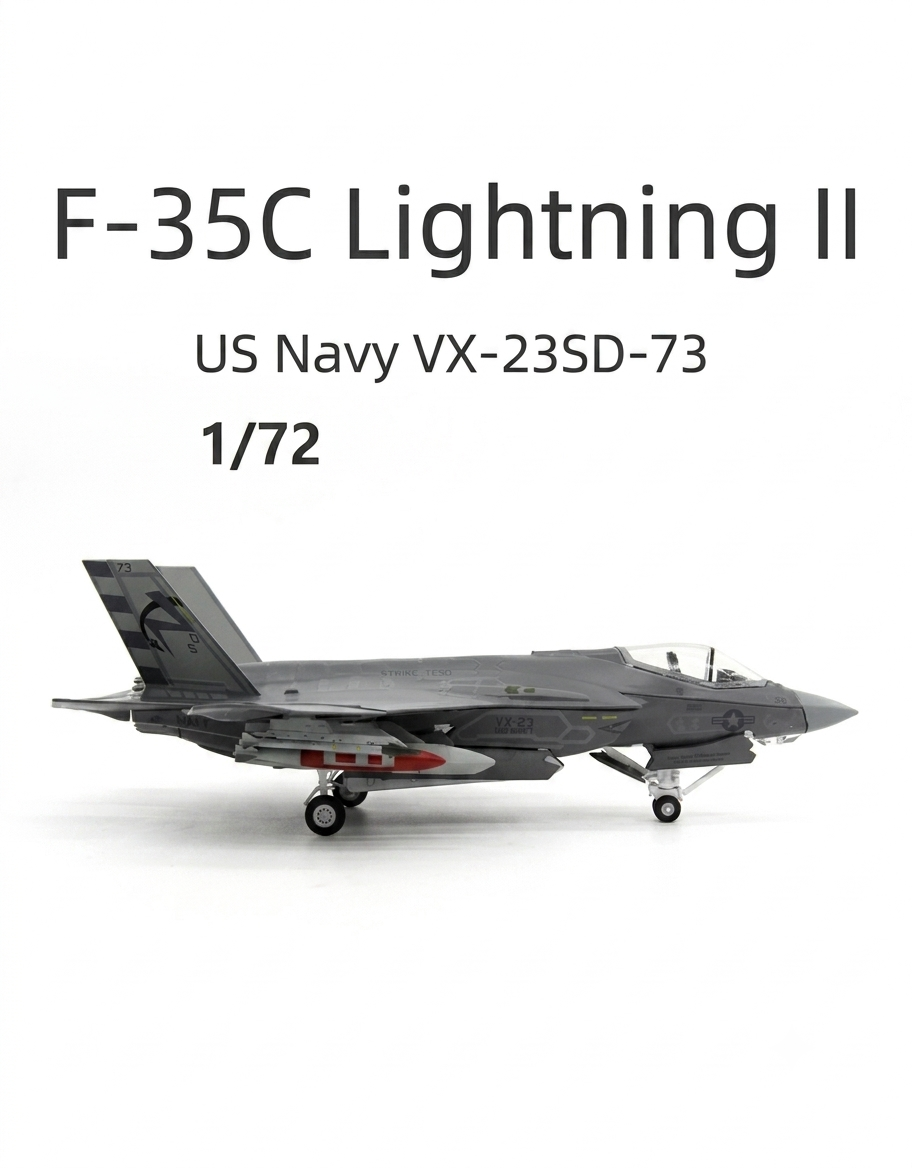 Right side profile view of 1/72 scale US Navy F-35C Lightning II VX-23 diecast model fighter jet on landing gear