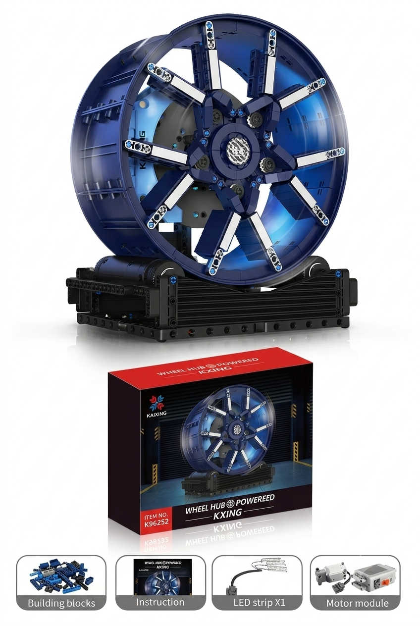 Fallarli motorized supercar wheel hub building block model in blue with display base