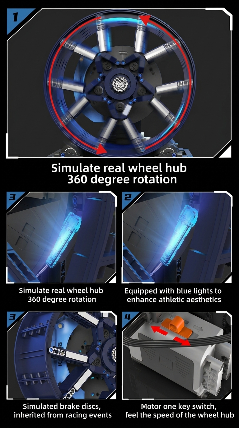 Fallarli motorized supercar wheel hub building block model in blue with display base