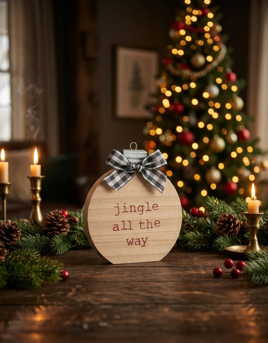 Standing rustic wood Christmas bauble sign reading Jingle All the Way displayed on a festive wooden table with pine garlands, candles, and an illuminated Christmas tree background.