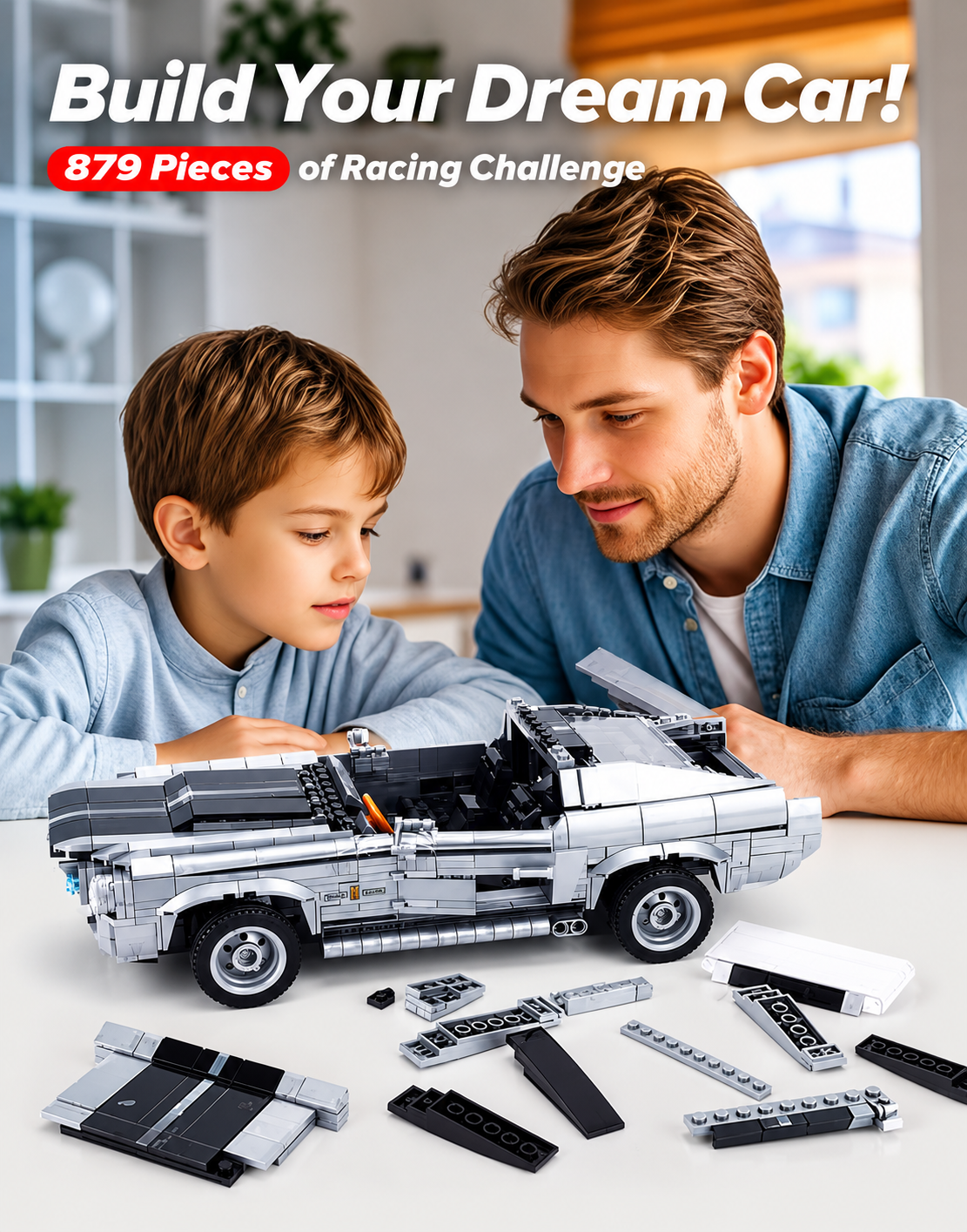 Father and child building the Eleanor GT500 classic car brick set together, a DIY hobby gift with fast delivery across Beirut and all Lebanon.