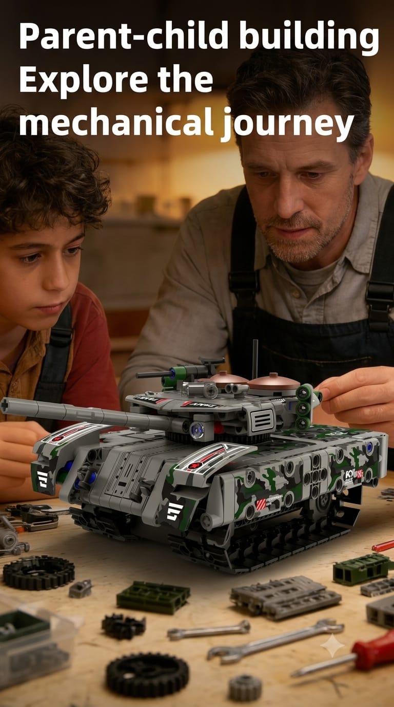 Father and son assembling motorized tracked tank parts from a STEM construction kit at a home workbench.