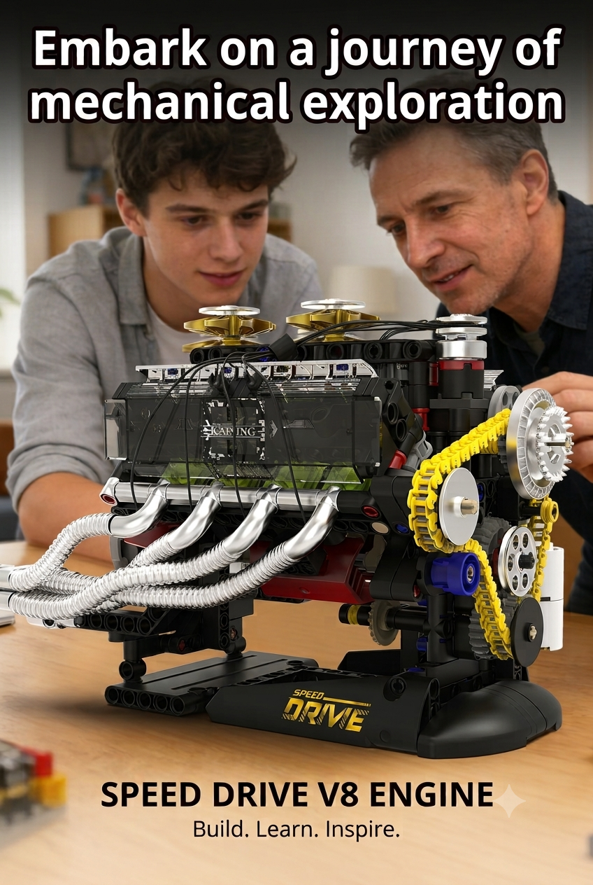 Father and son building the Speed Drive V8 mechanical engine block model on a wooden table