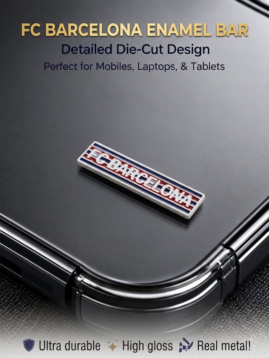 FC Barcelona premium metal enamel bar sticker with glossy finish applied to the back of a mobile phone