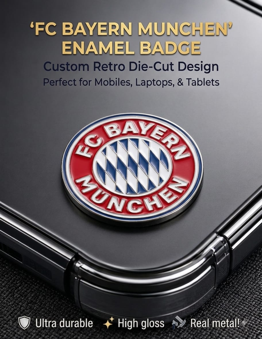 FC Bayern München custom retro metal enamel crest badge sticker applied to the back of a smartphone