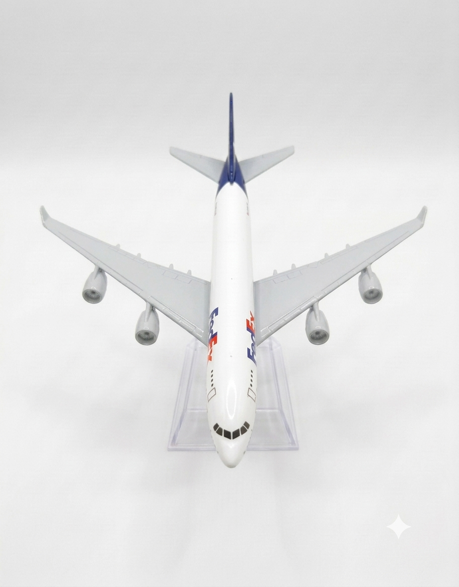 Top view of the 4-engine FedEx Express A380 scale metal model airplane on a transparent stand, aviation gift in Lebanon.
