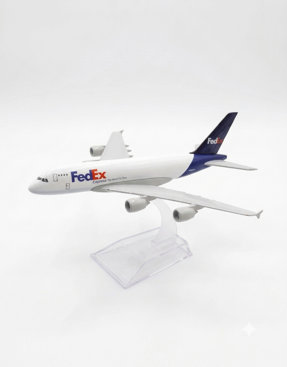 FedEx Express Airbus A380 diecast metal aircraft model mounted on a clear acrylic display stand, available in Lebanon.