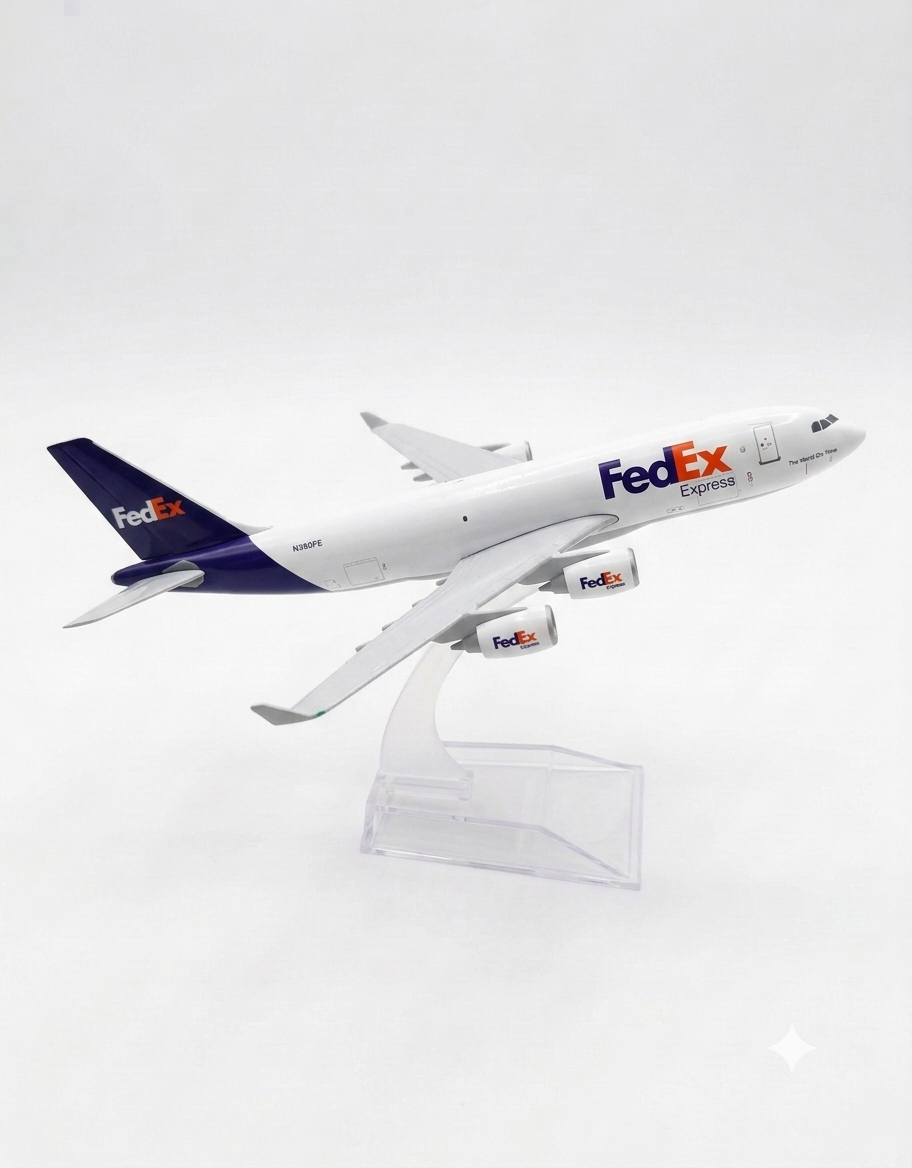 Right side view of the FedEx Express livery diecast metal airplane model on a clear stand, online gift shop Beirut Lebanon.