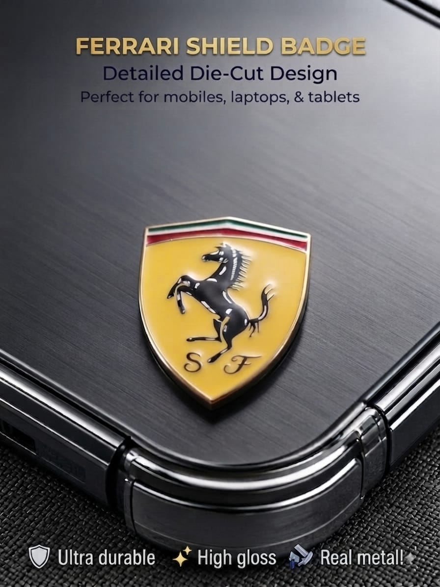 3D high-gloss real metal Ferrari Scuderia shield emblem badge applied to a black smartphone case.
