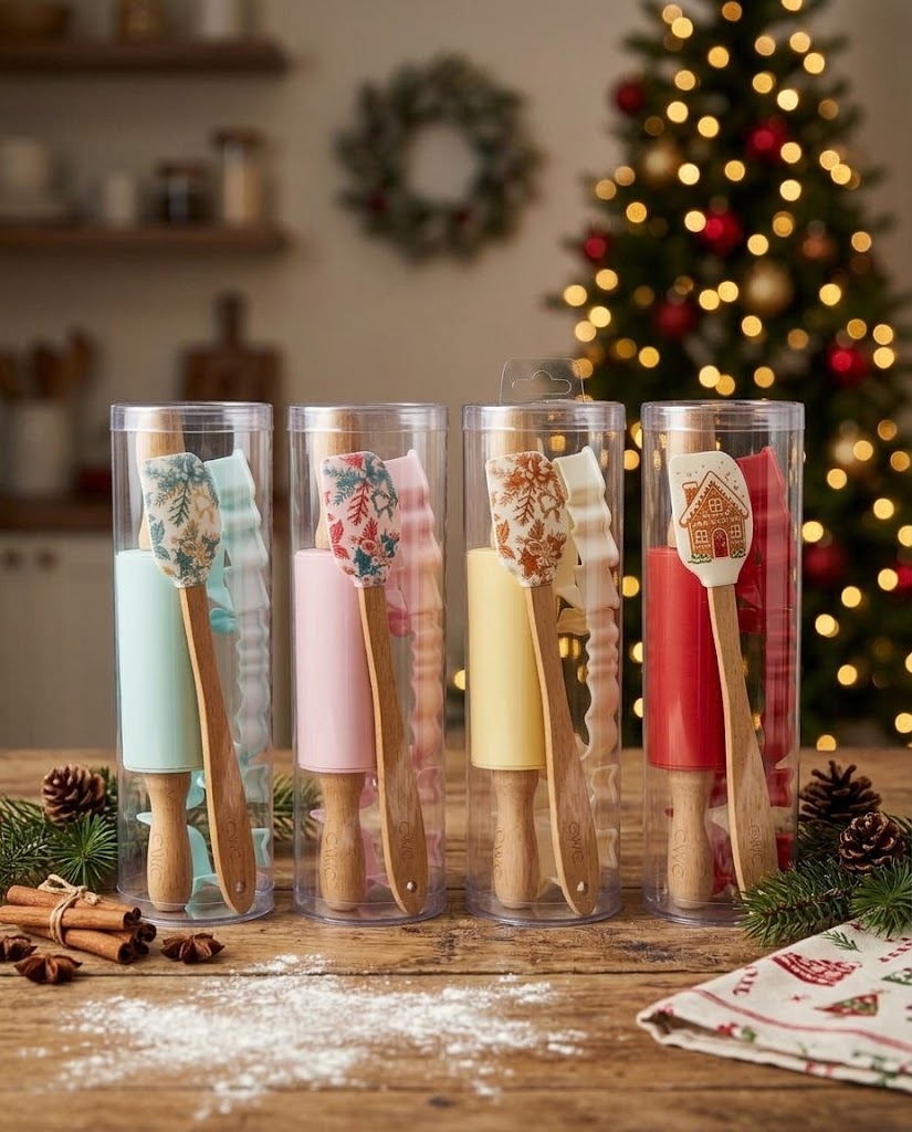 Festive holiday display of 4 Christmas mini baking sets on rustic wooden table with Christmas tree bokeh, cinnamon sticks, and flour dusting.