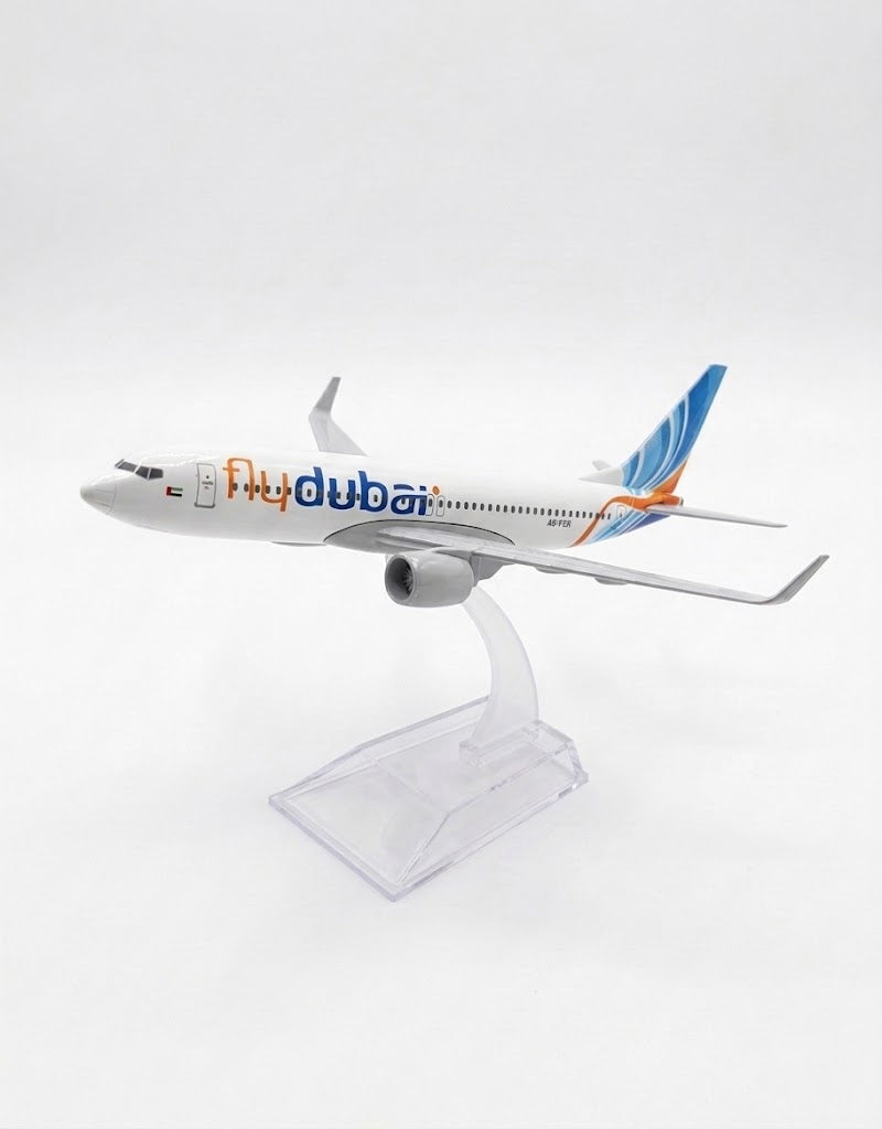 Flydubai 15cm diecast metal airplane model mounted on a clear display stand, collector aircraft gift available in Lebanon.