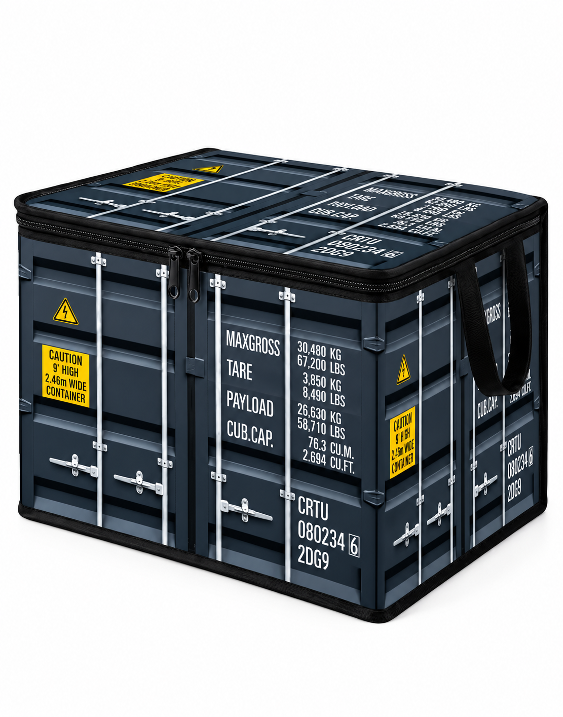 Collapsible navy blue shipping container storage box with dual zippers, sturdy side handles, and industrial cargo graphics on a white background.