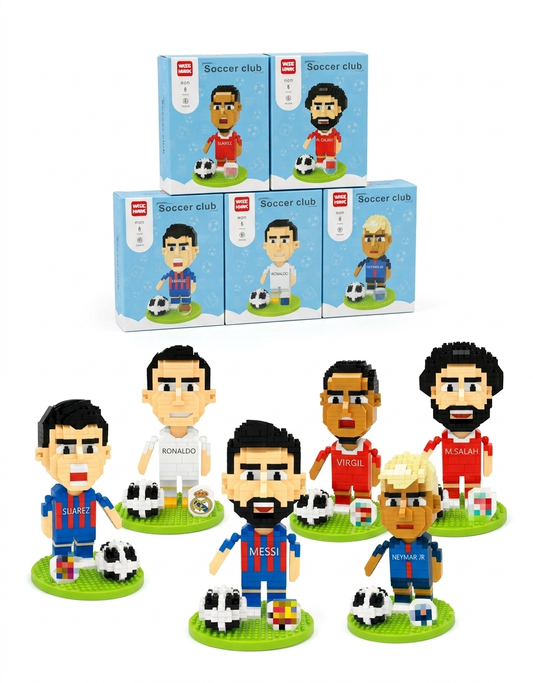 Complete collectible set of mini cartoon soccer player building block figures featuring Messi, Ronaldo, Salah, Neymar, Suarez, and Virgil with packaging.