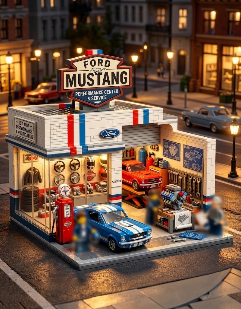 Ford Mustang Performance Center garage building blocks model kit featuring classic blue and red muscle cars, vintage gas pump, and detailed repair workshop.