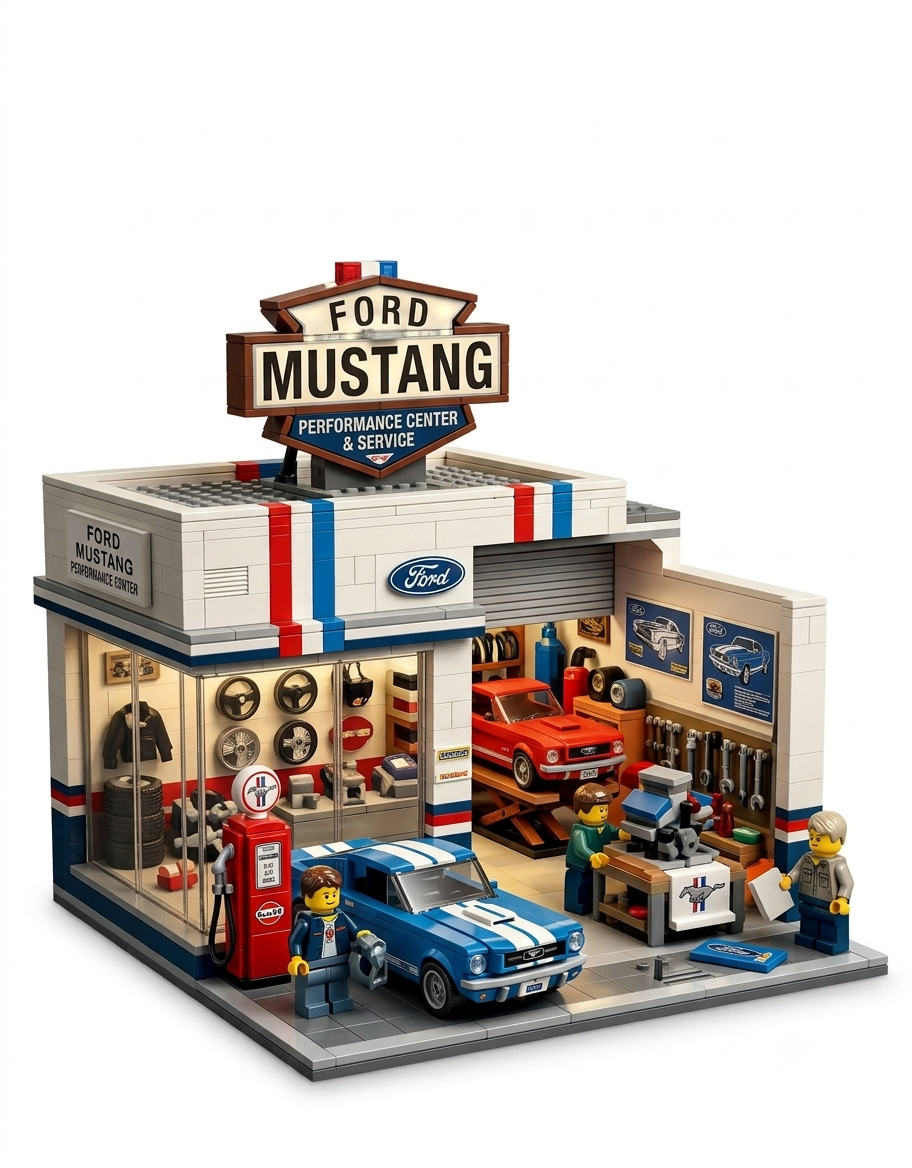 Ford Mustang Performance Center garage building bricks model kit featuring classic blue muscle car, repair workshop, and mechanic minifigures.