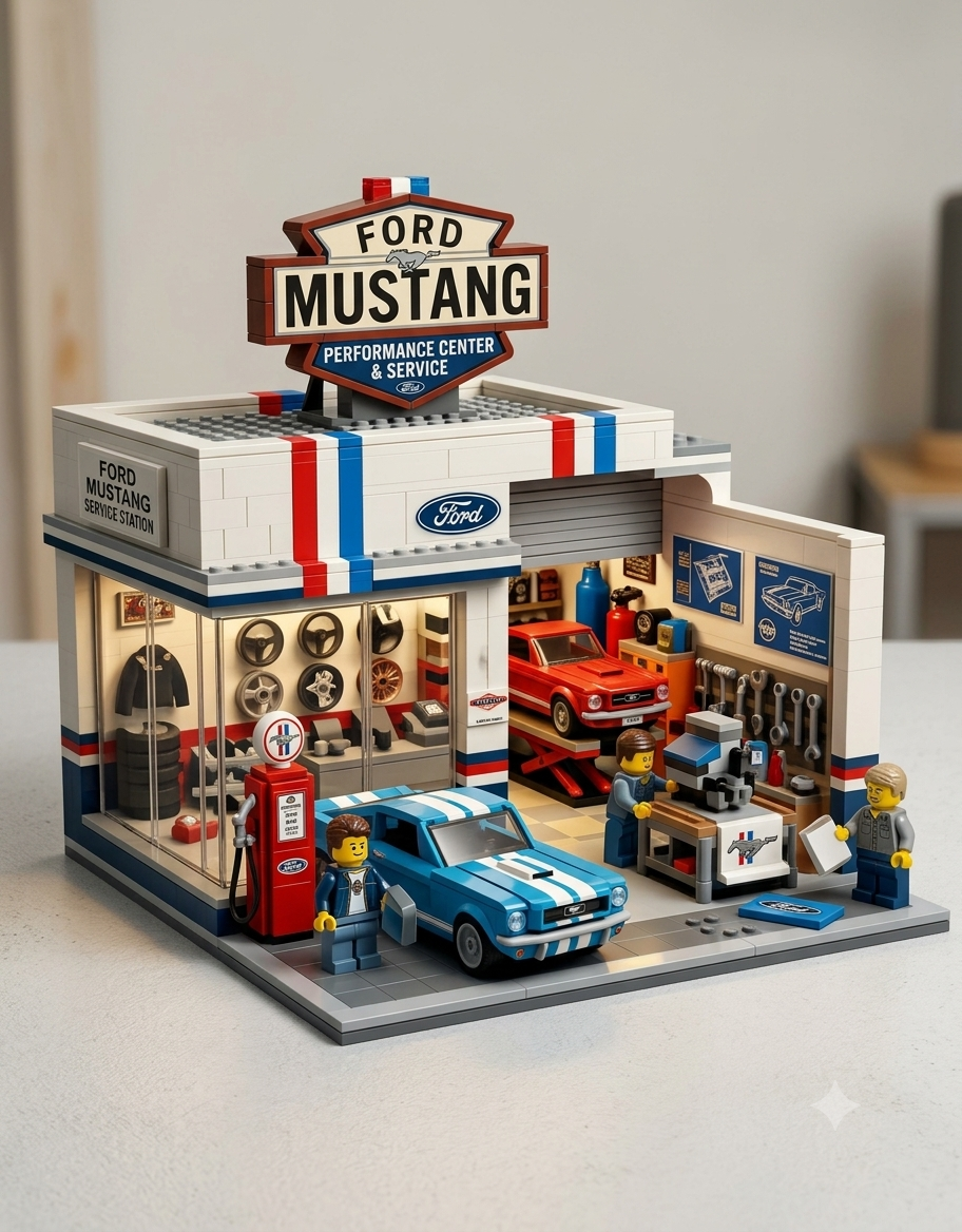 Angled tabletop display of the vintage Ford Mustang service station diorama building block set with illuminated showroom and tuning garage.