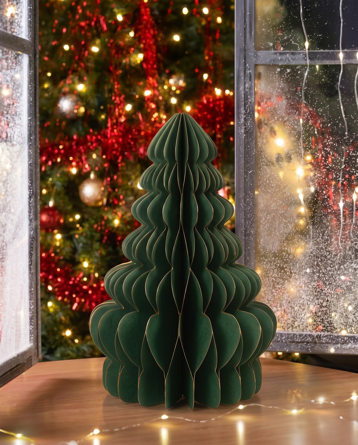 34.5 cm forest green 3D accordion honeycomb paper Christmas tree with delicate gold edges on a wooden table, available for delivery in Lebanon.